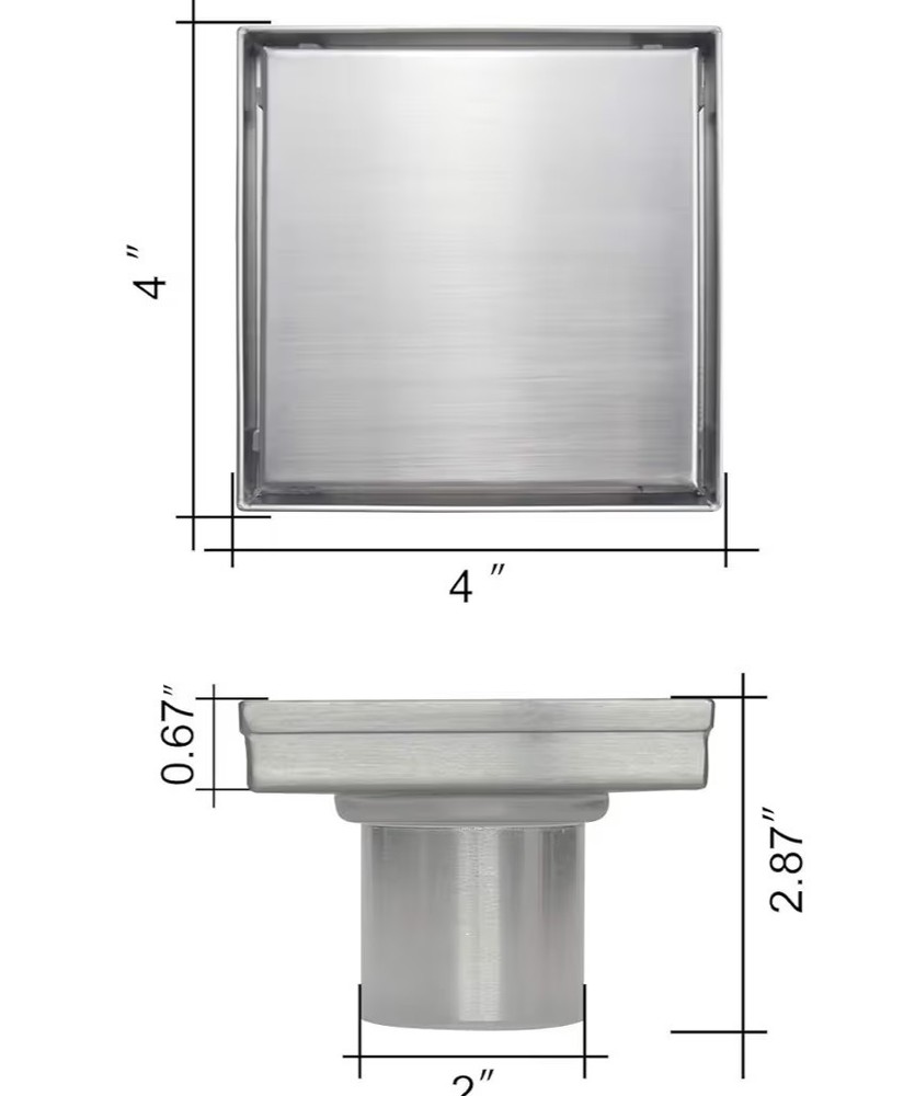 Square 4" Stainless Bathroom Shower Drain/ Tile Insert.