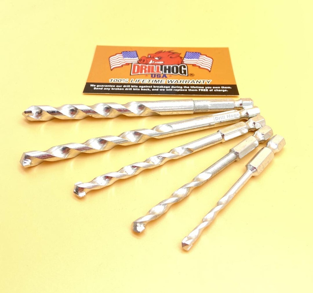 Drill Hog® 5 Pc Masonry Bit Cocrete Hex Shank Quick Change Set Carbide Tipped