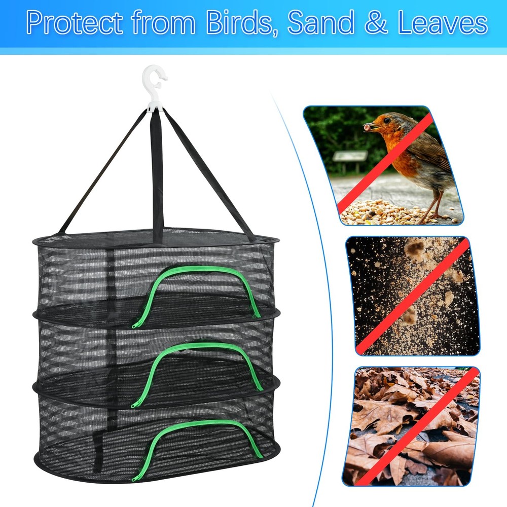 Hanging Drying Rack, Foldable Mesh Drying Net 3 Layers Hanging Dry Basket wit...