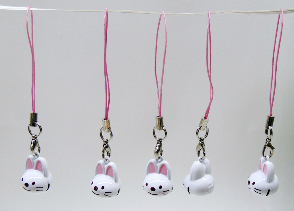 5 EASTER BUNNY Jingle Bells Back pack charm strap clasp Pink Rabbit Ears Brass