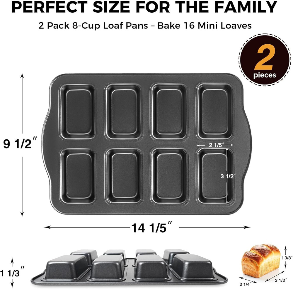 2 Pack Mini Loaf Baking Pans 8-Cavity, Nonstick Small Cornbread Pan, Tiny Banana