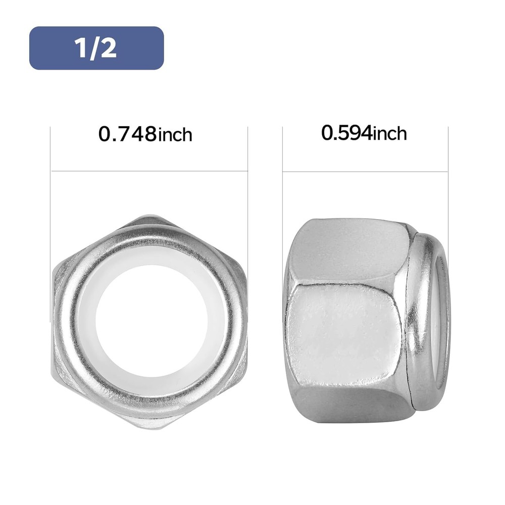 10Pcs 1/2-13 Lock Nuts, Nylon Insert Locknuts 304 Stainless 1/2-13, Silver