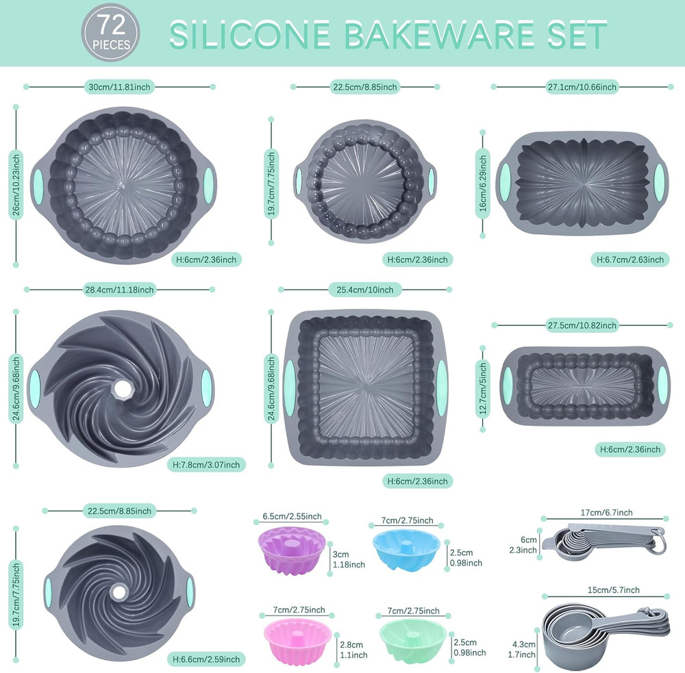 72 Pieces Silicone Bakeware Set, Nonstick Baking Pans Set, Easy Release Oven Sil
