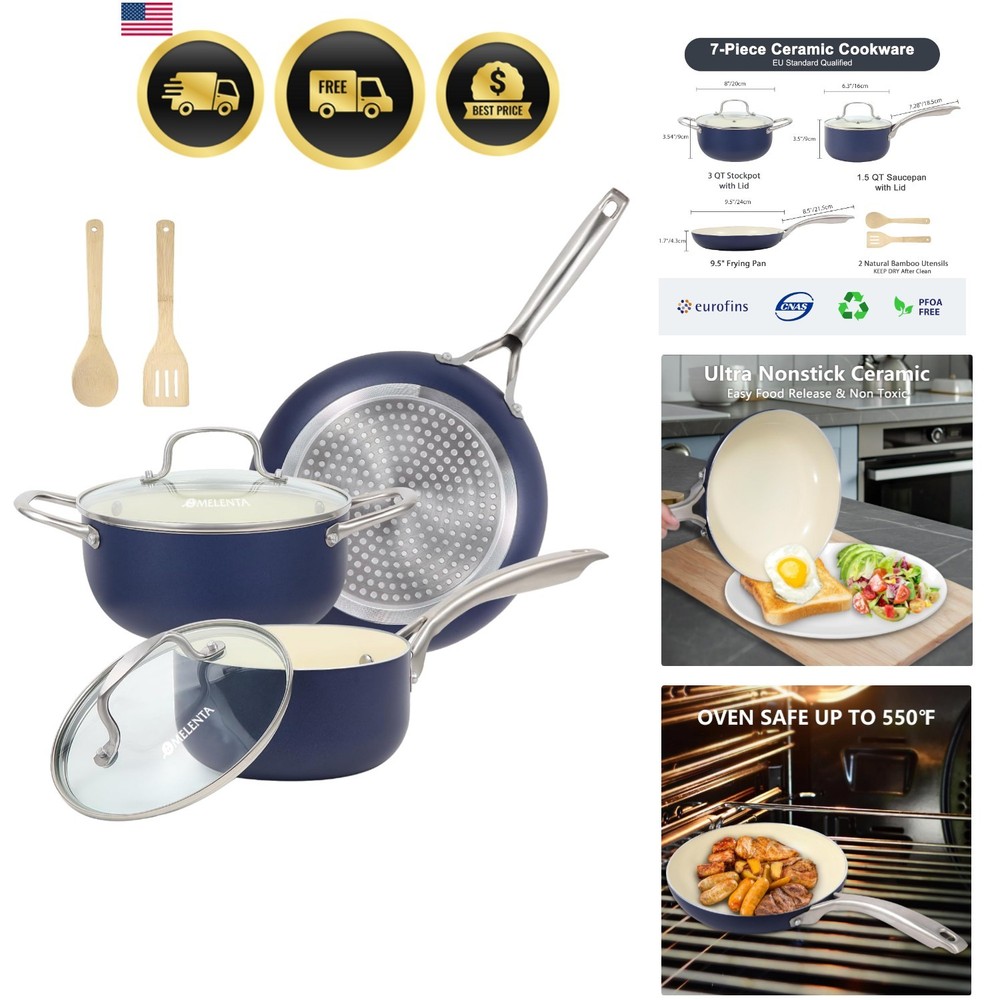 Pots and Pans Set, 7 Piece Nonstick Ceramic Cookware Set, Kitchen Induction C...
