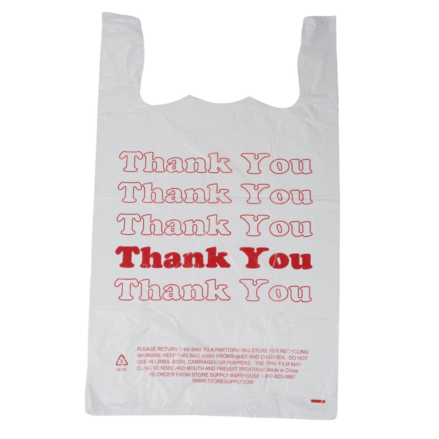 Large Plastic Thank You Bags (T-Shirt Bags) 18" x 8" x 30" - Case of 500