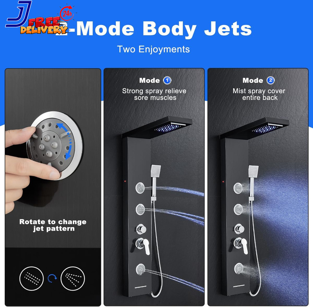 Multi-Function LED Lights Shower Panel System Black 5 in 1 Shower Panel NEW