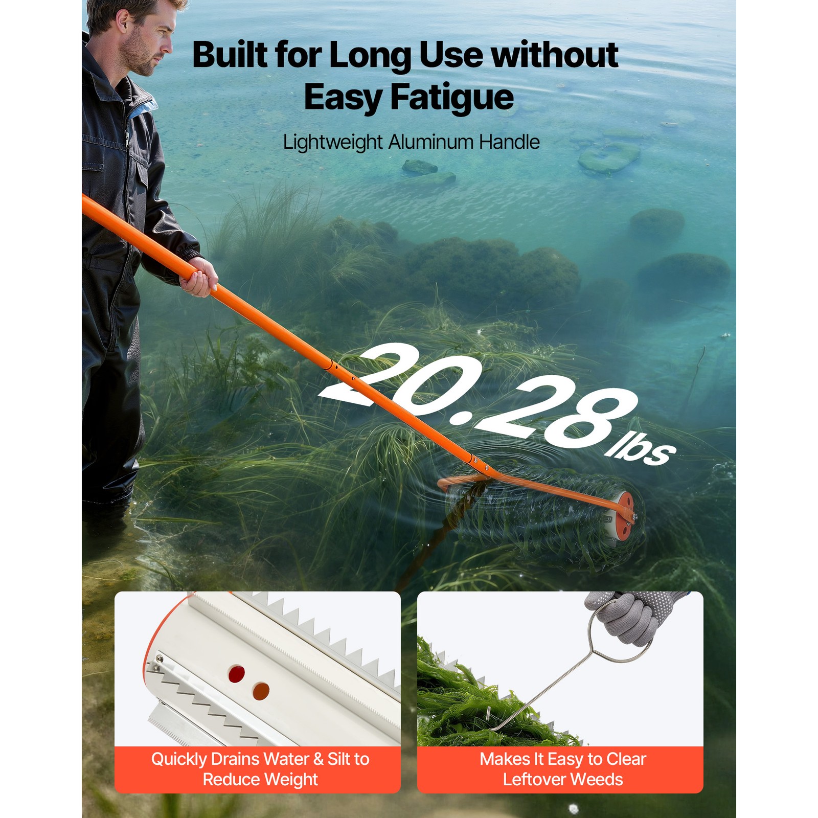 Uimoso Lake Weed Roller and Rake Tool,18ft for Clearing Weeds in Lakes and Ponds