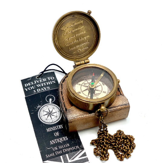ENGRAVED POCKET COMPASS & KEYCHAIN NAUTICAL HANDMADE COMPASS & LEATHER POUCH