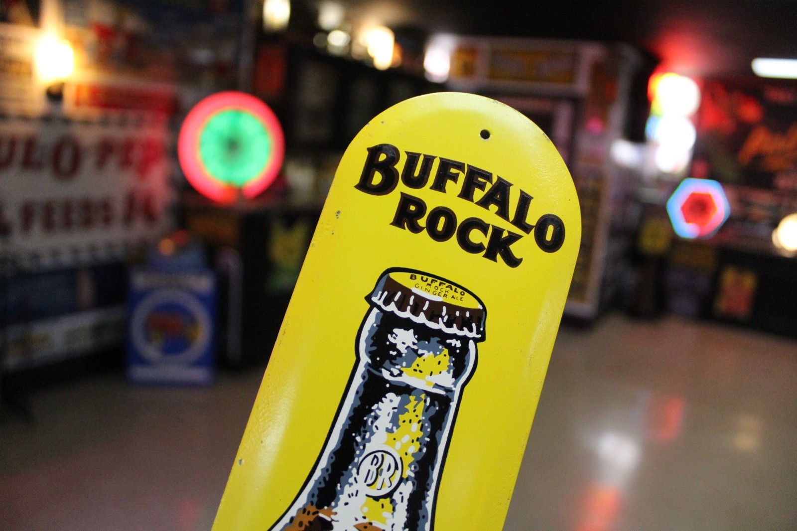 RARE 1950s BUFFALO ROCK GINGER ALE SODA STAMPED PAINTED METAL PUSH DOOR SIGN