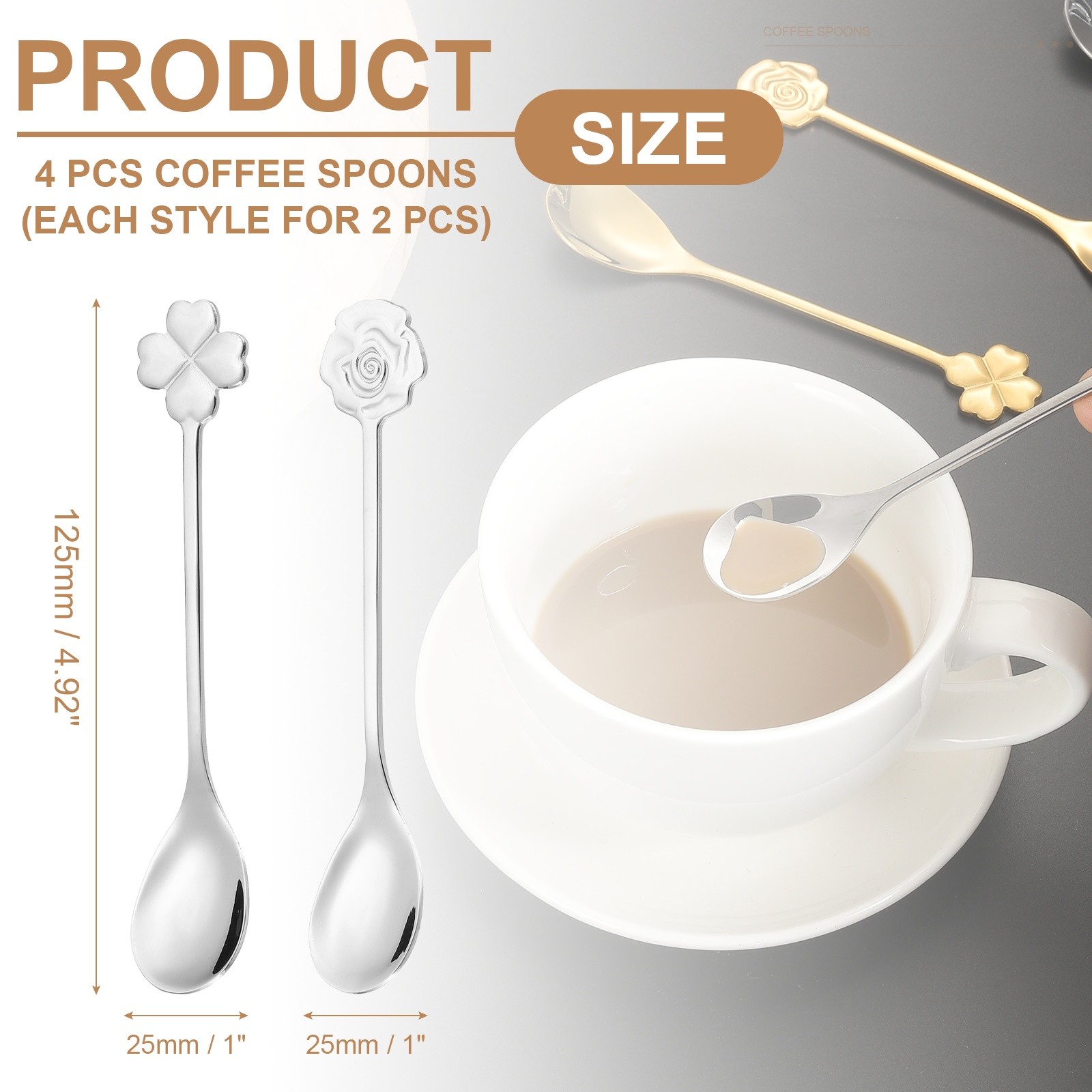 4pcs Coffee Spoons, Rose/Four Leaf Grass Tea Spoons Stainless Steel, Silver