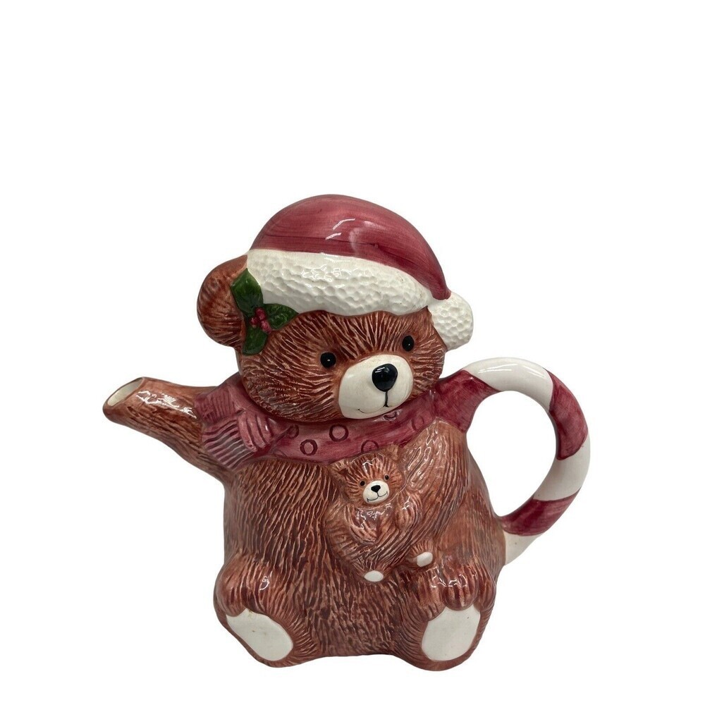 Christmas Brown Bear Teapot Candy Cane Handle RARE Ceramic