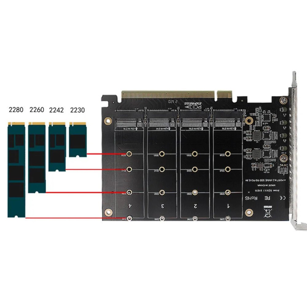 SSD Adapter Card PCIE 3.0/4.0 4*32Gbps NVME M.2 MKEY 4-Disk Soft RAID Array