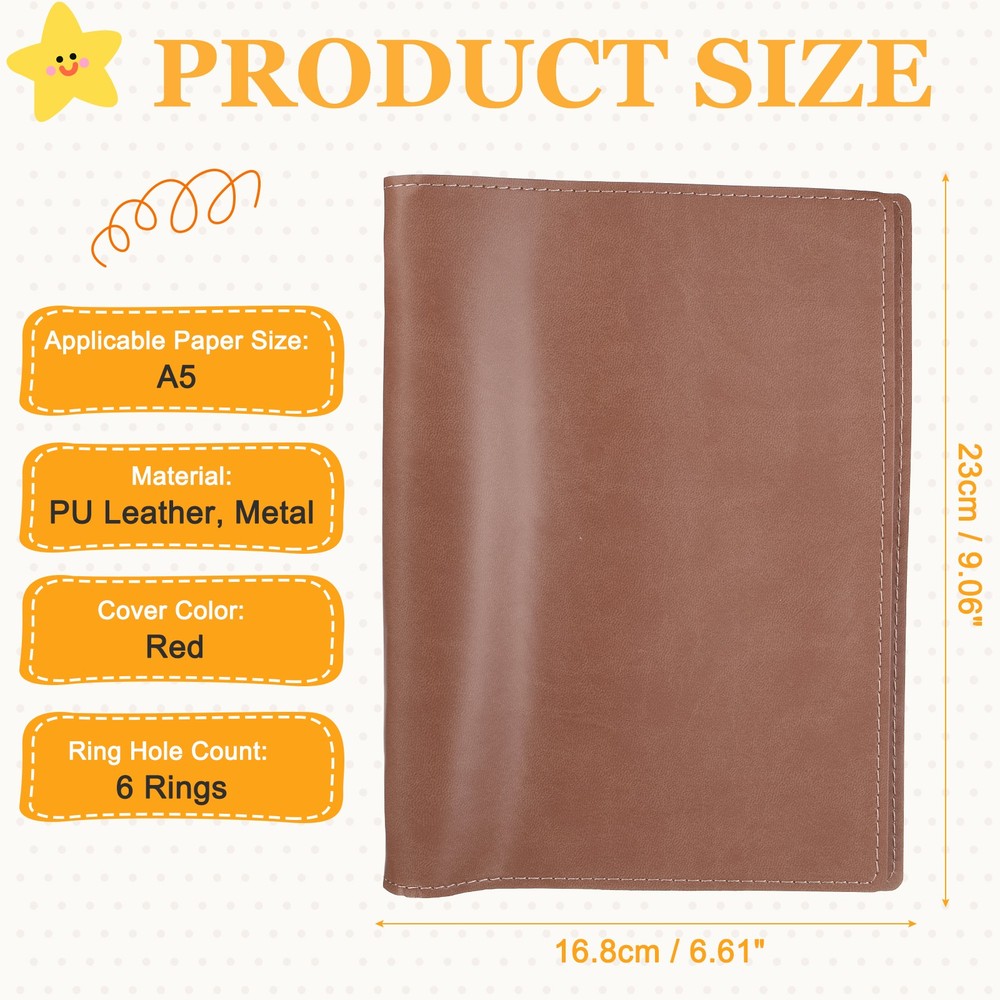 A5 PU Leather Binder Protector, 6 Ring Loose Leaf Notebook Protector, Red