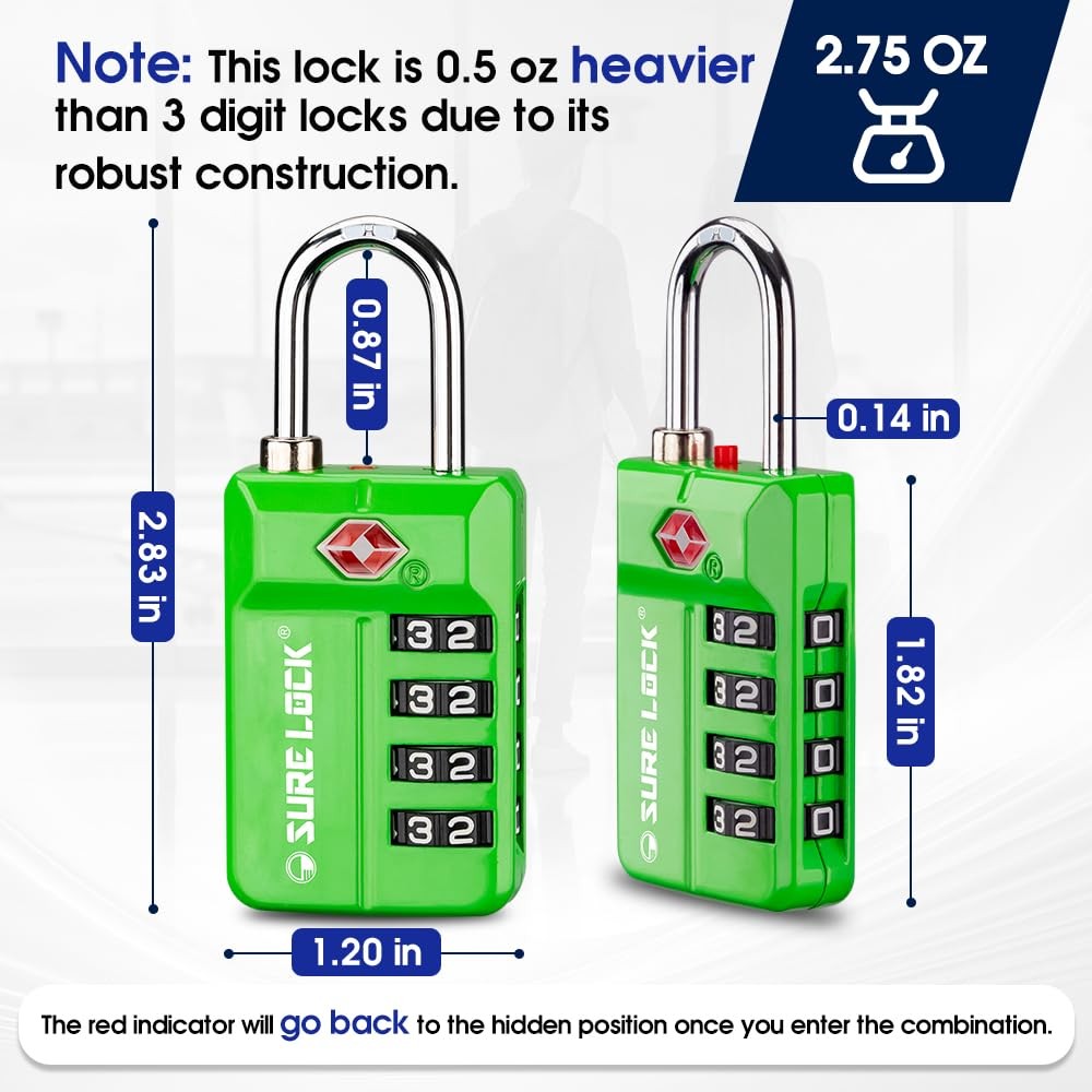 TSA Approved 4-Digit Resettable Combination Luggage Locks with Open Alert, Ea...