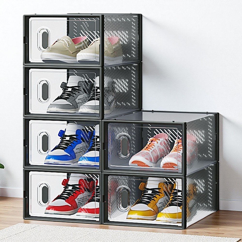 6-Pack Shoe Storage Boxes - Stackable, Plastic Mesh, Door, Black & Small Size