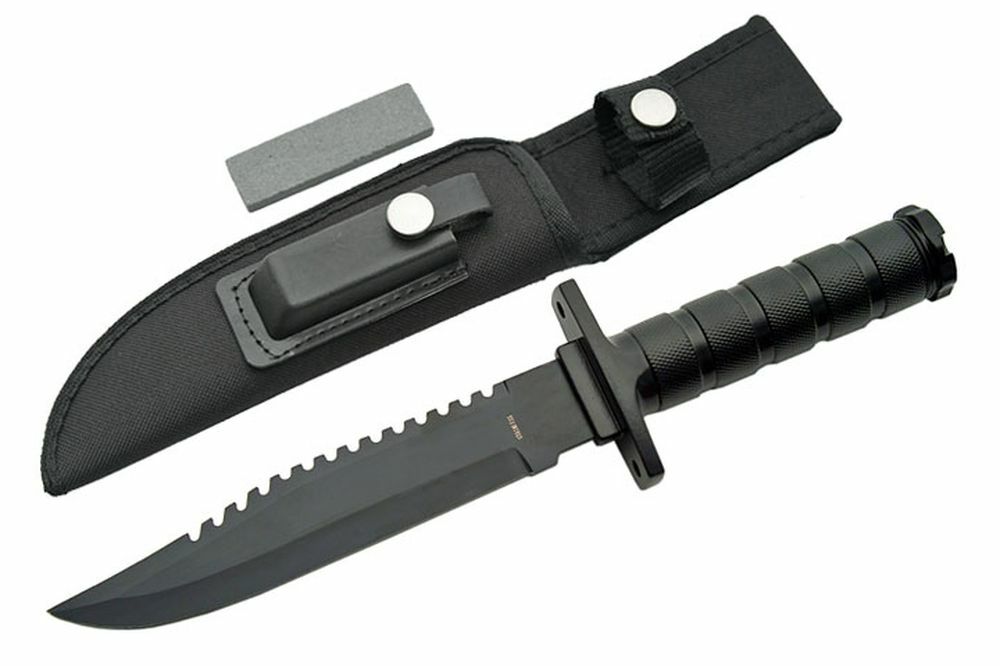 NEW! 12" Black Survival Knife w/ Sharpening Stone, Sheath, Survival Kit