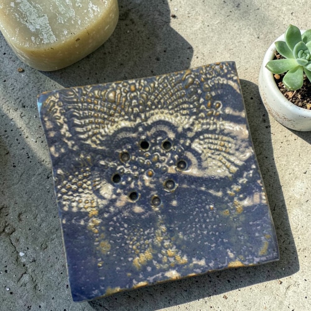 Ceramic Blue Square Soap Dish For Bathroom or Kitchen Slab Built Hand Crafted