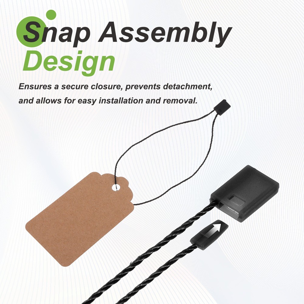 1000pcs Polyester Hang Tag String (7.9") - Plastic Snap Lock Pin Loop Black