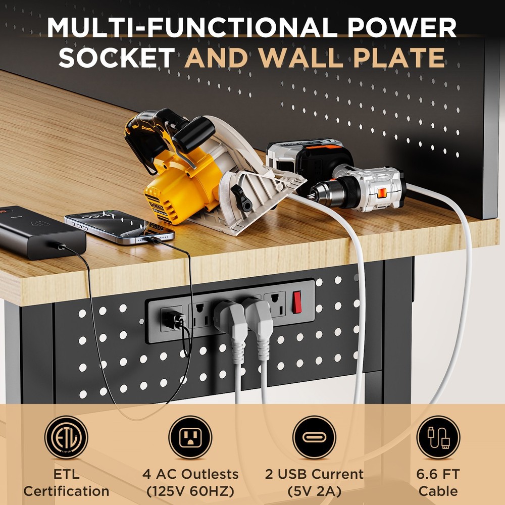 60″ Workbench with Drawers Adjustable Height Garage Work Table with Power Outlet