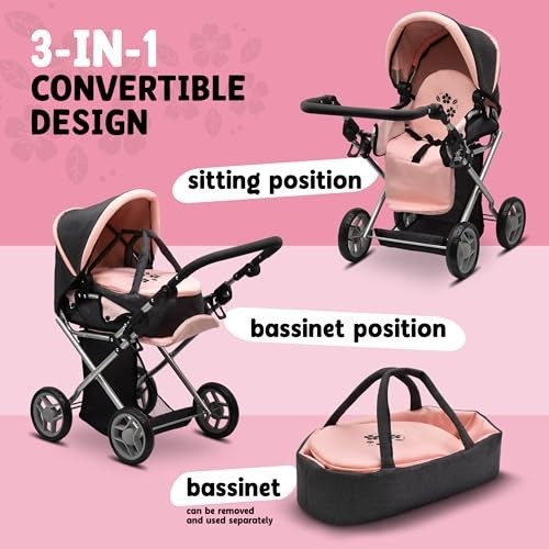 Convertible Baby Doll Stroller Pram with Removable Bassinet, Adjustable Handle,
