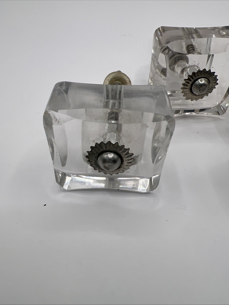 4 Clear Glass Cabinet Knobs Pulls Square Silver Flower 3”x 1.5” Read!