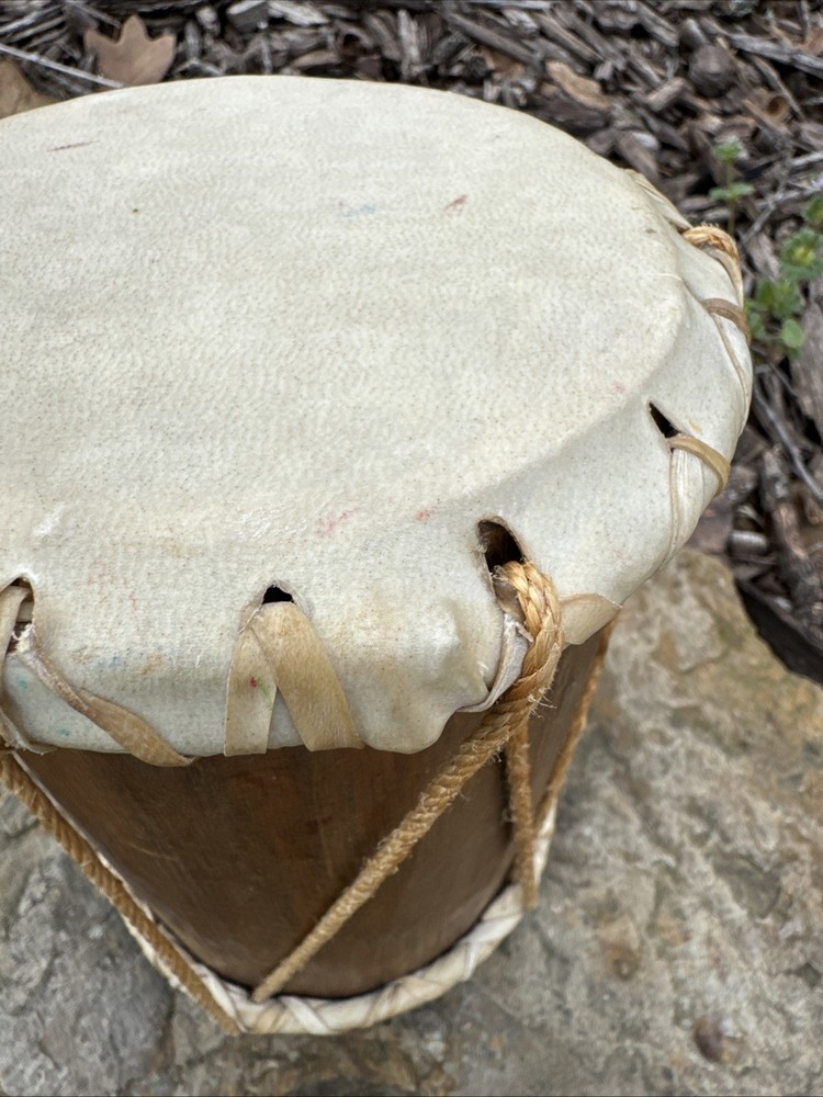 Rustic Native American Rawhide Log Drum 7 H x 5.5 W Preowned