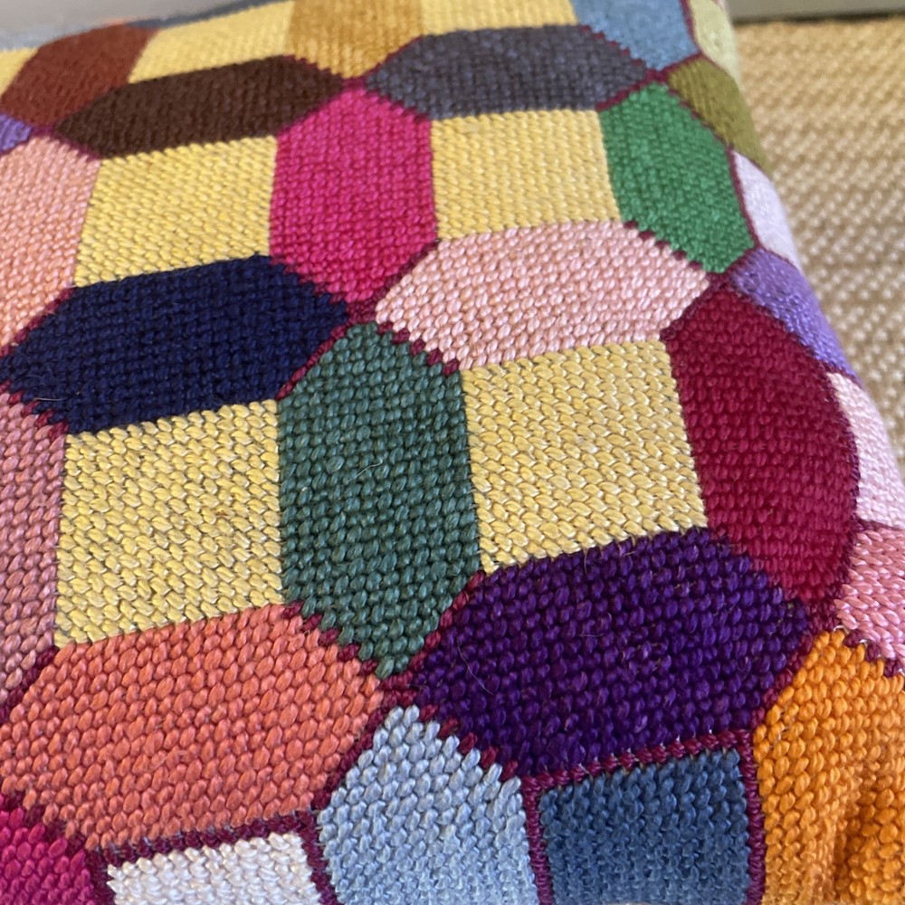Needlepoint Pillow Geometric Mid Century Approx 10 x 10.5” Solid Red Backing Zip