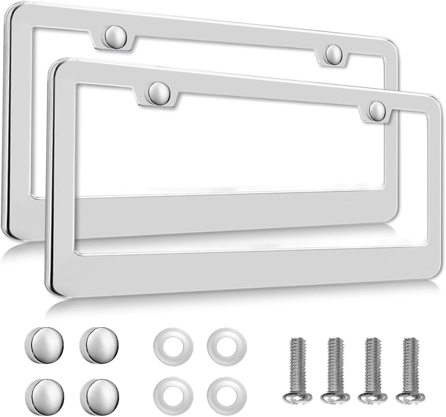 2 PCS Chrome Stainless Steel Metal License Plate Frame Tag Cover With Screw Caps