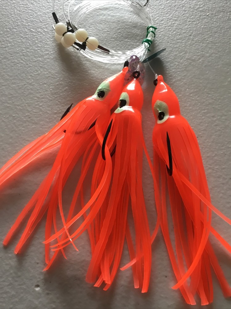 Deep Sea Cod Pollock 3 Hook Flapper Rig 6/0Hooks 12cm Orange Muppet Lures