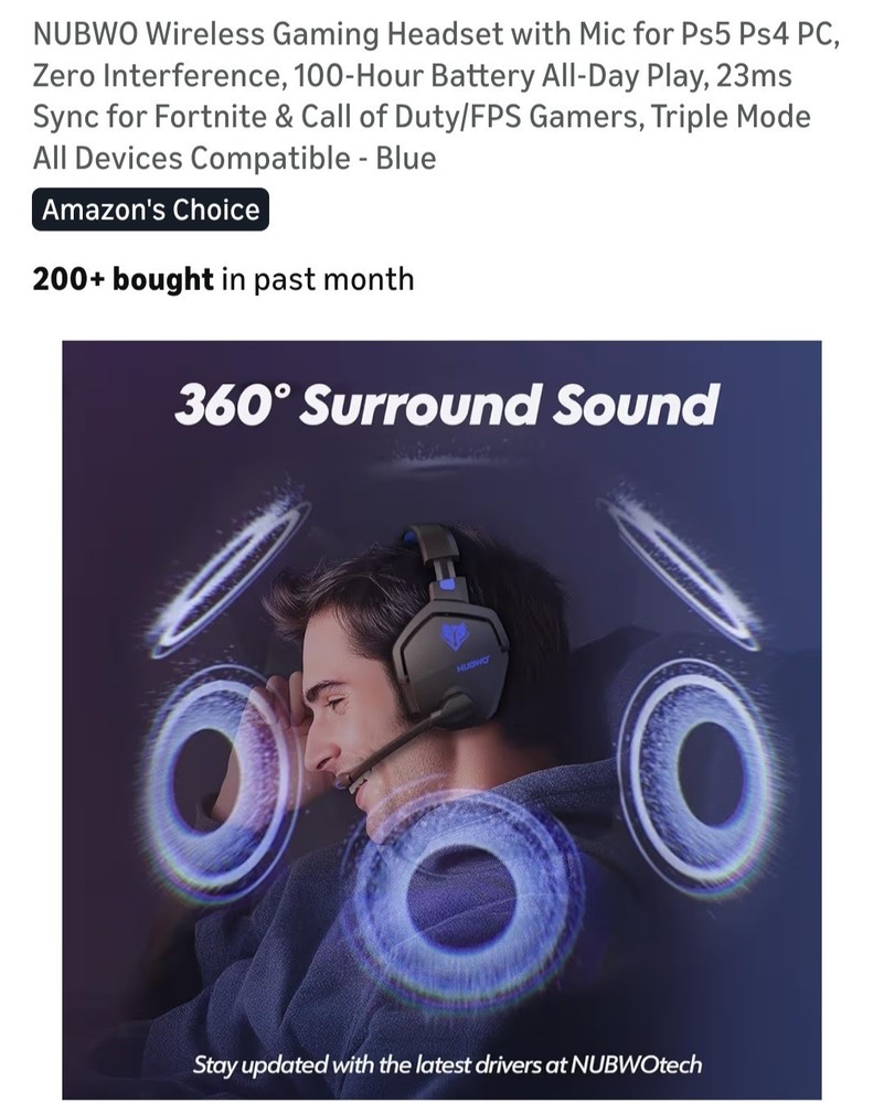 NUBWO Wireless Gaming Headset with Mic for Ps5 Ps4 PC, Zero Interference, 100-Hr