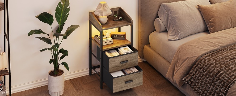 ༝Nightstand With Charging Station Modern Bedside End Side Table With Guardrail