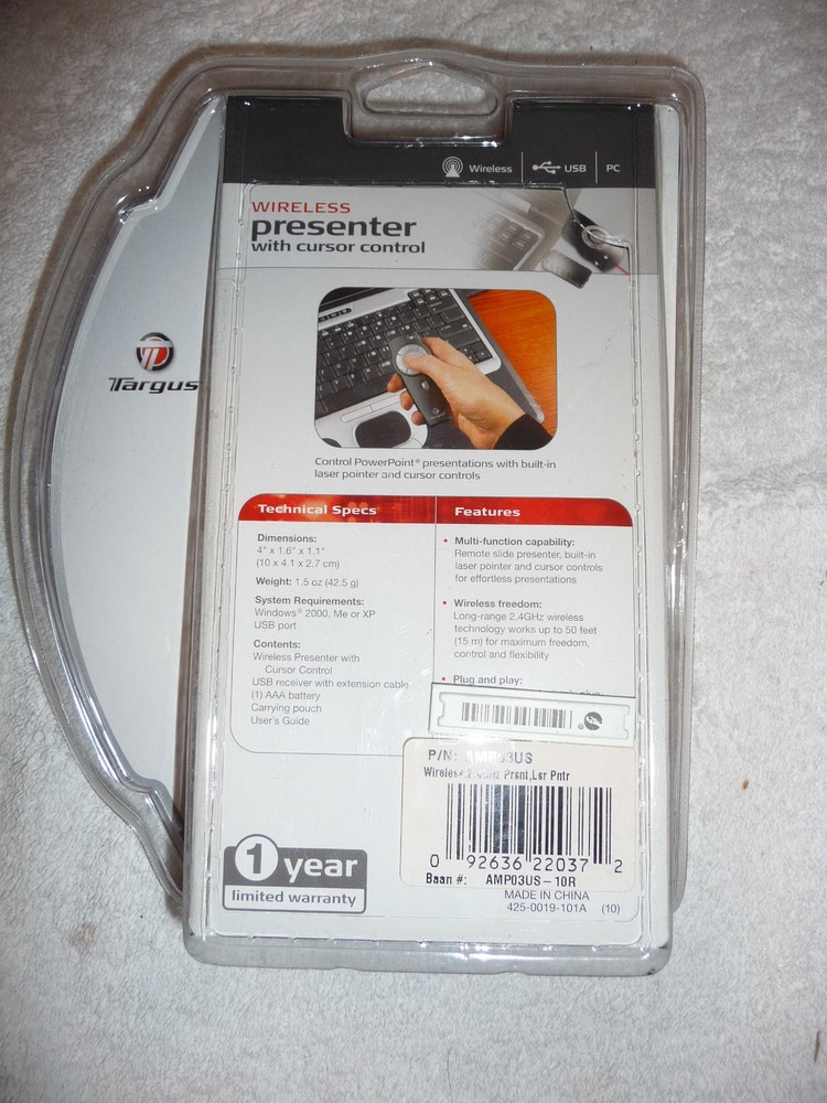 Targus Wireless Presenter With Laser Pointer & Cursor Control AMP03US - NEW