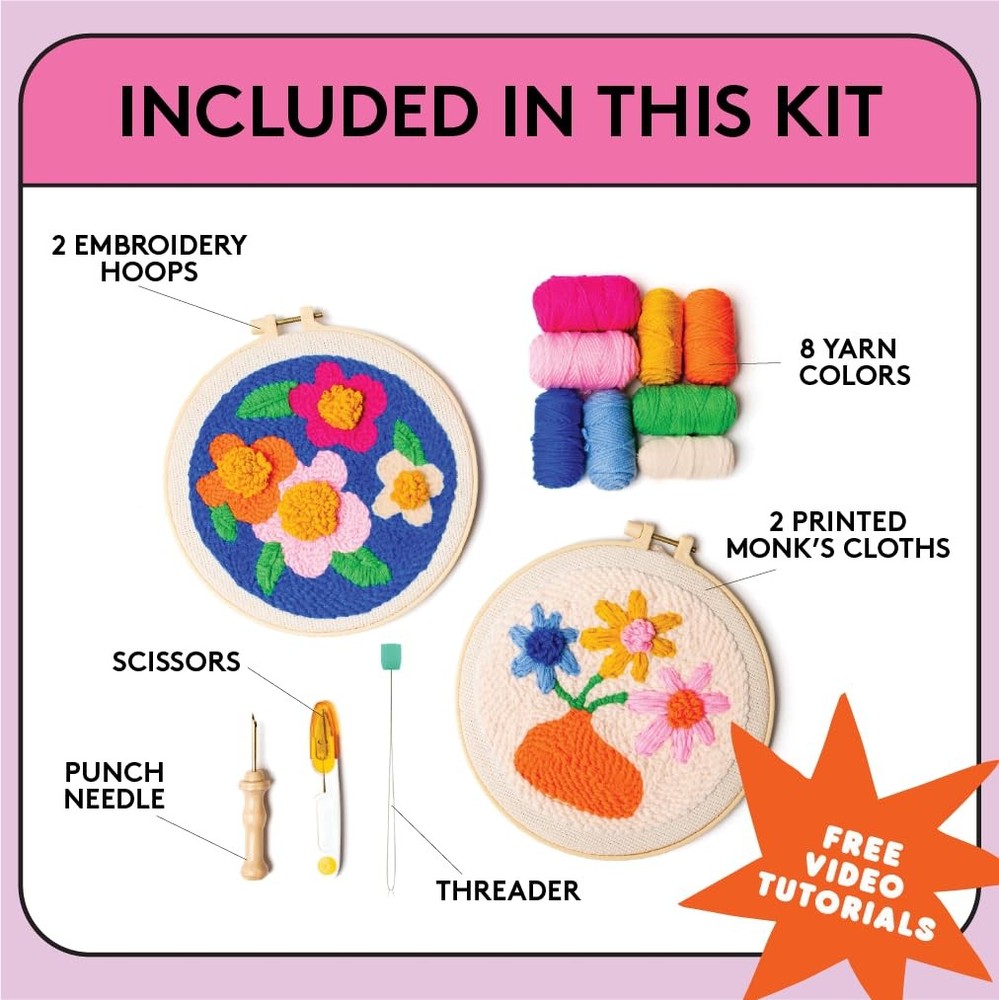 Punch Needle Kit, Large Floral Designs w/ 2 Embroidery Hoops, Includes Beginn...