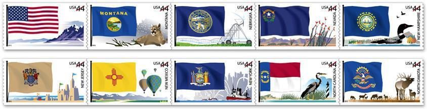 FLAGS OF OUR NATION 2010 SCOTT #4303-4312 SET 4 - MVF 44c US 10 STAMPS PN# STRIP