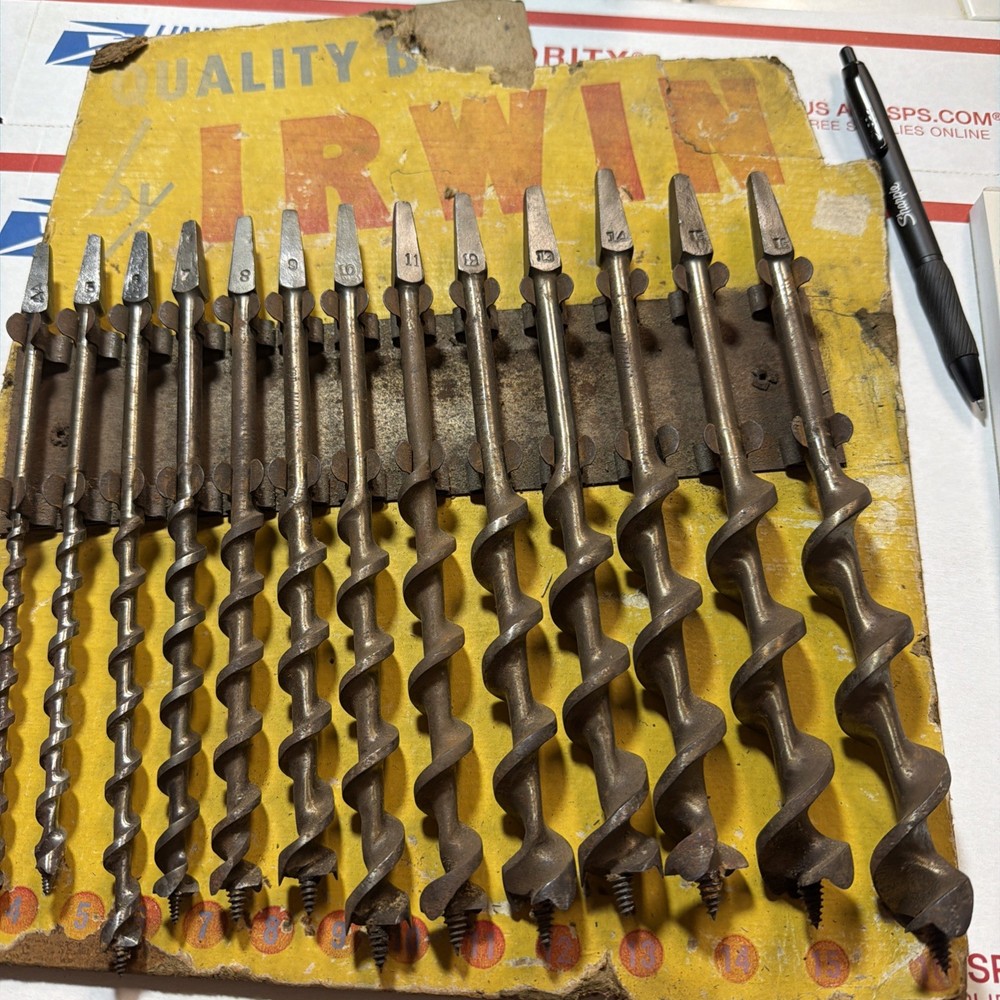 Vintage Irwin The Original Solid Center Auger Drill Bit Metal Display + 13 Bits