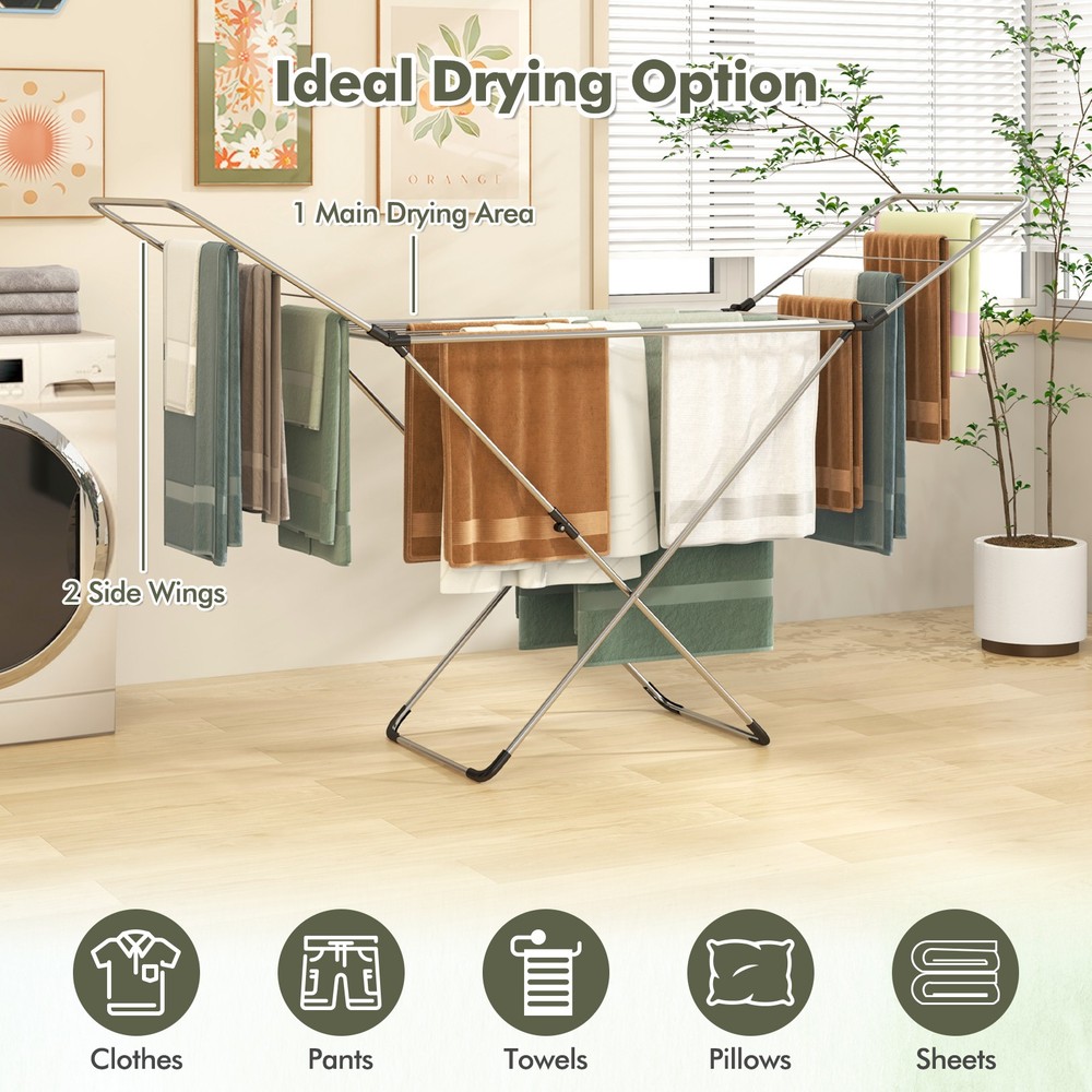 Folding Clothes Drying Rack w/ Adjustable Wings 20 Drying Rails No Assembly