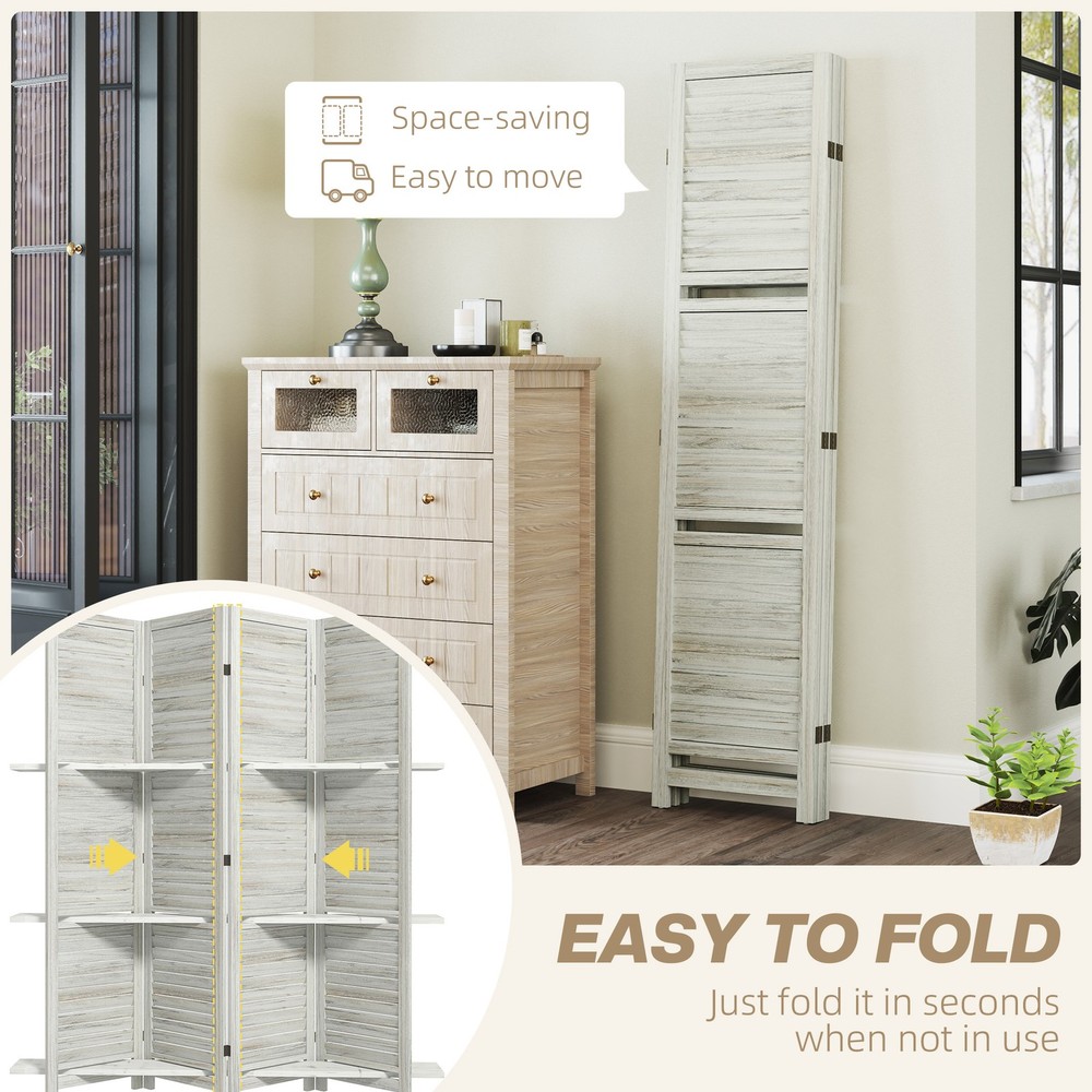 4 Panel Privacy Screen, Room Divider with 3 Shelves Distressed White