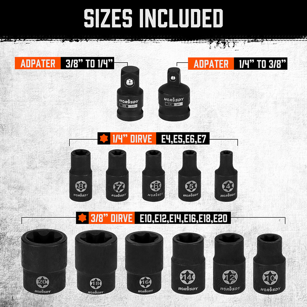 New 13pc Female E Torx Torque Star Socket Bit Set on Snap in Rail E4-E20