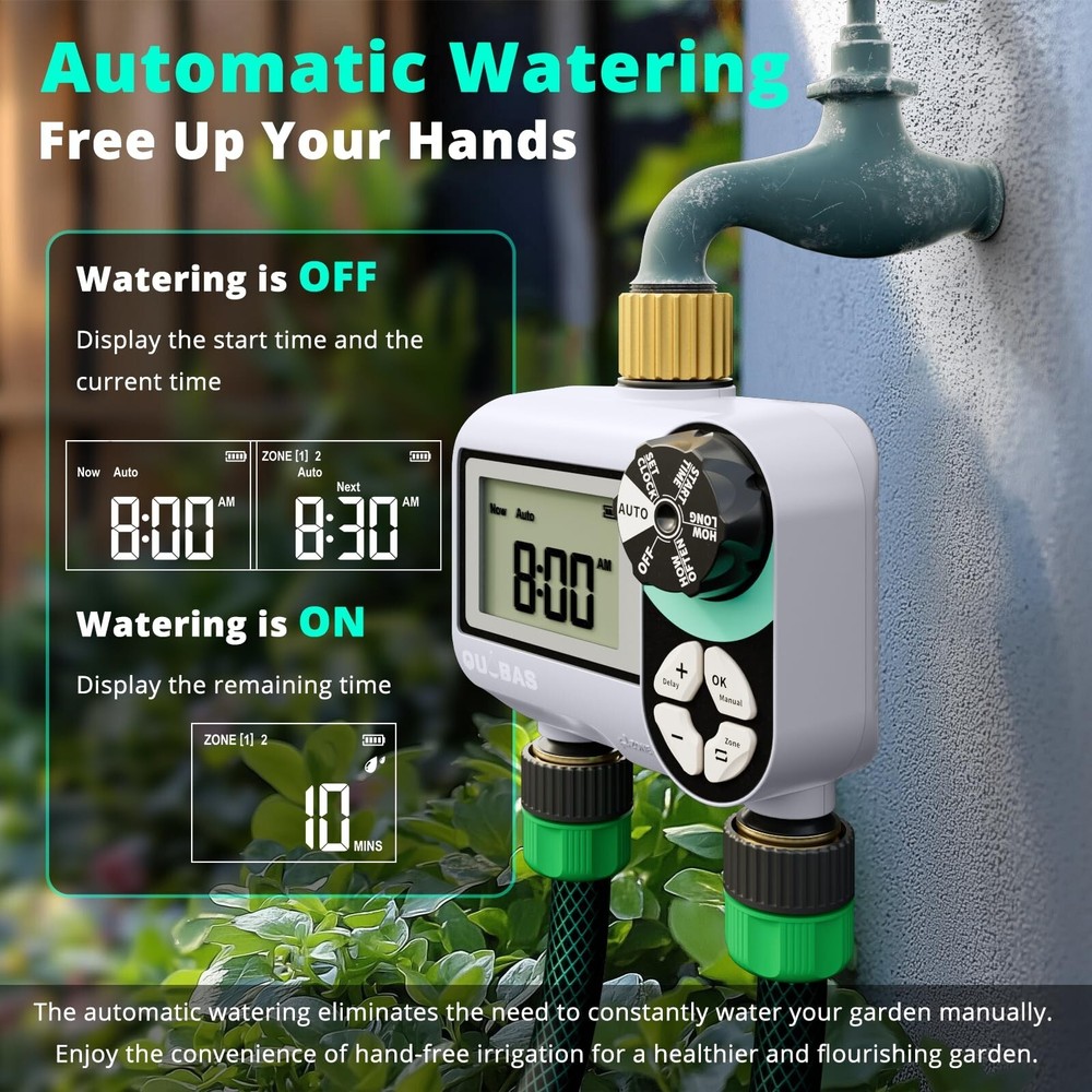 2 Zone Sprinkler Timer with Brass Inlet & Outlet, Programmable Water Timer fo...