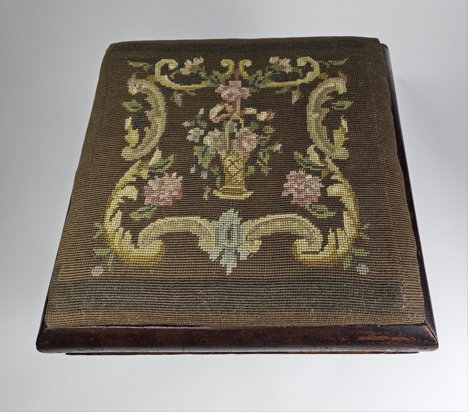 Antique Floral Needlepoint Footstool Victorian Decorative Stool (c. 1890–1915)