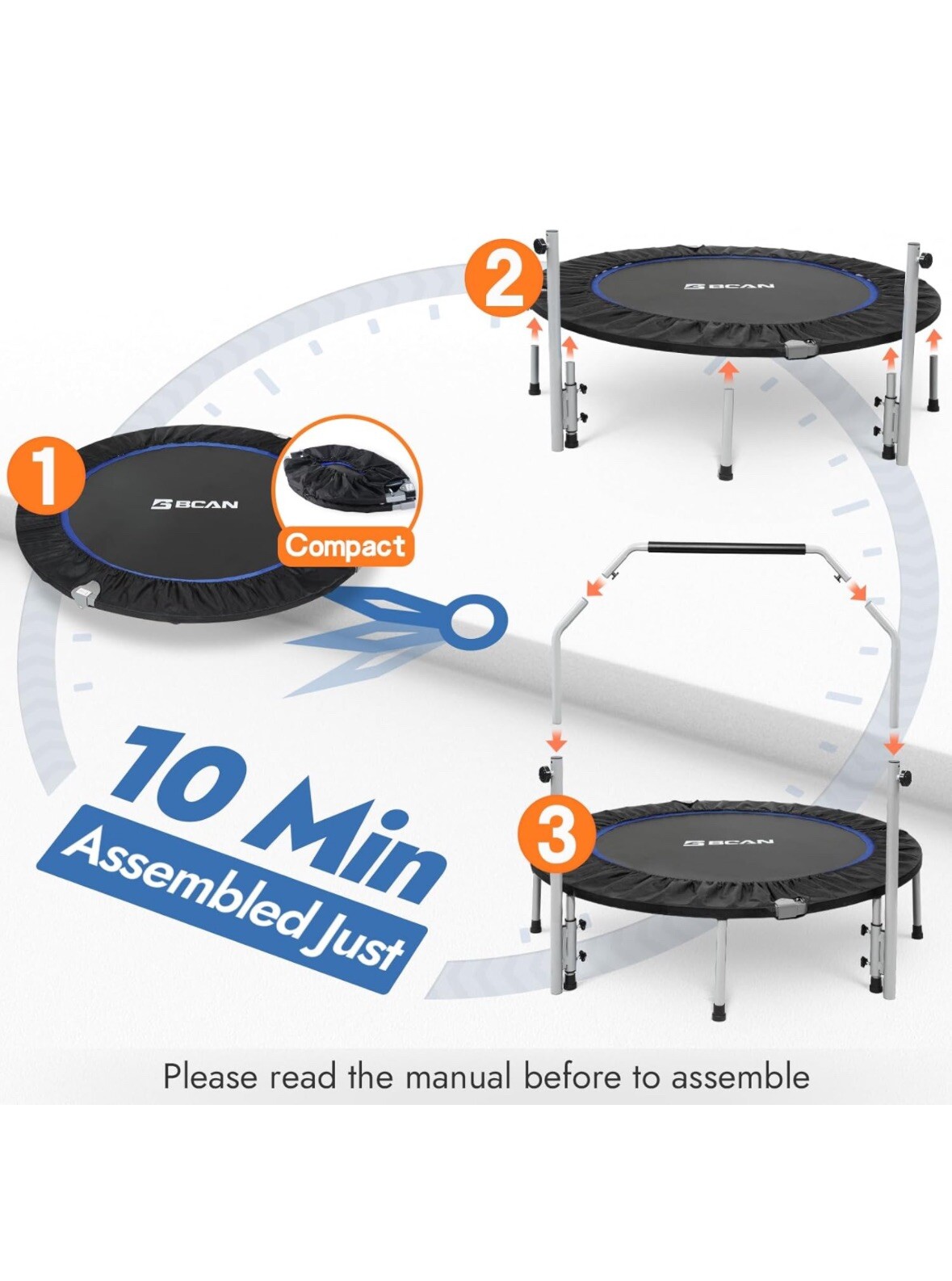 BCAN Trampoline for Fitness Rebounder & Adjustable Foam Handle - 330 Lbs