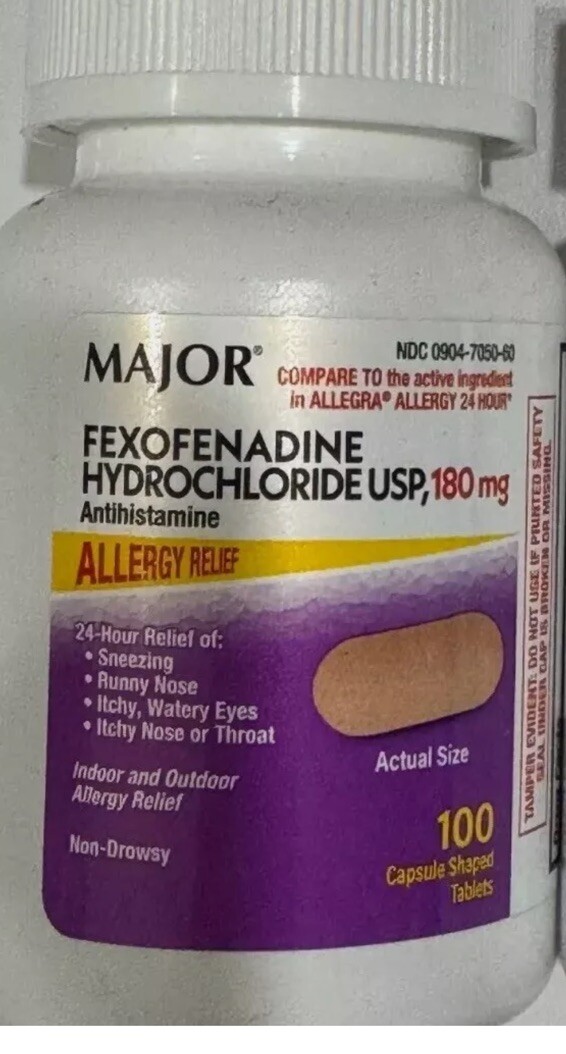 Major  Fexofenadine 180 mg Tablets Allergy Relief 100 Count -Exp Date 1-2027