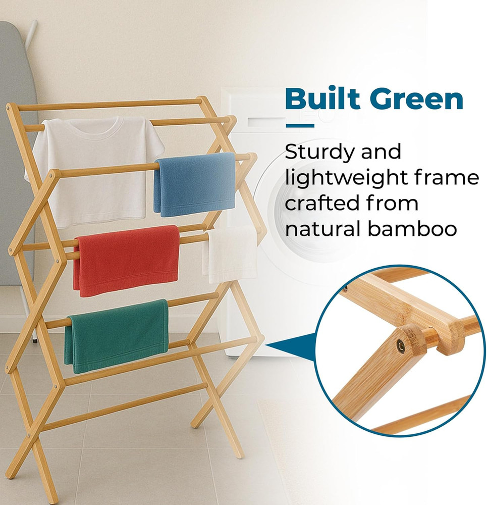 Collapsible Bamboo Drying Rack – Sturdy & Foldable Laundry Drying Rack, Space-Sa