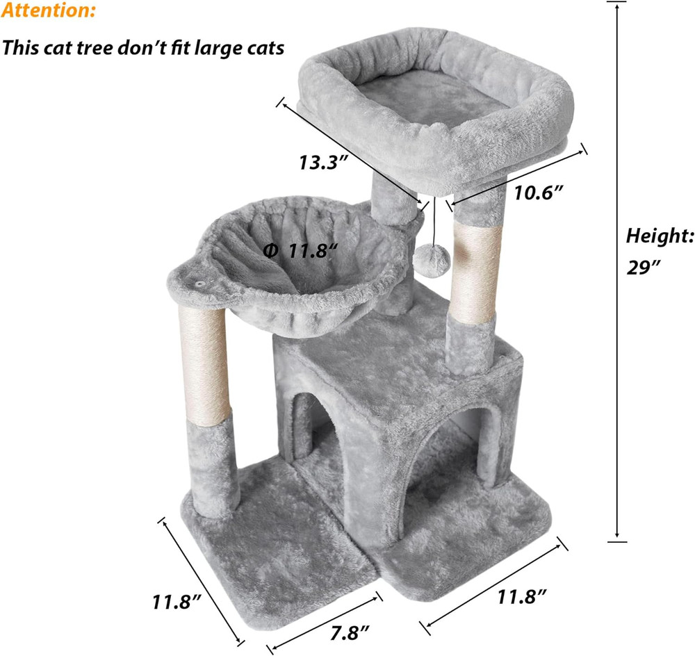 Cat Tree, Small Cat Tower with Sisal Scratching Post and Hammock Light Gray