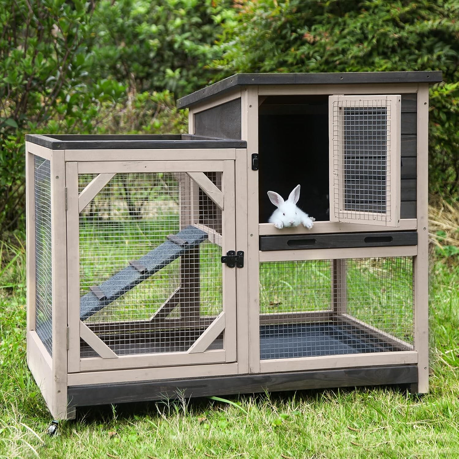 Rabbit Hutch Indoor Outdoor 2 Story Bunny House on Wheels Wooden Rabbit Cage