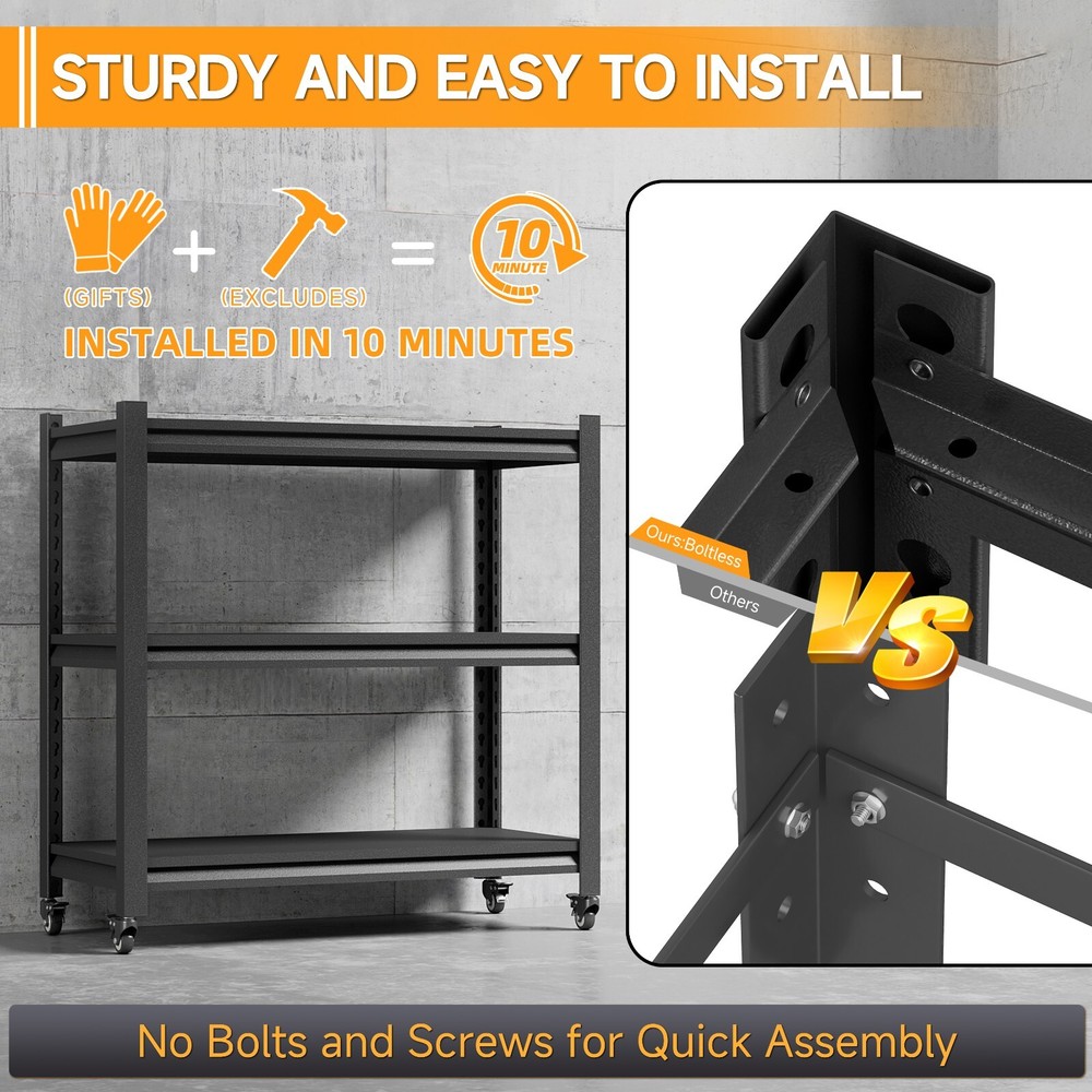 Rolling Storage Rack 3-Tier Shelving Tool Storage Shelving for Garage Kitchen