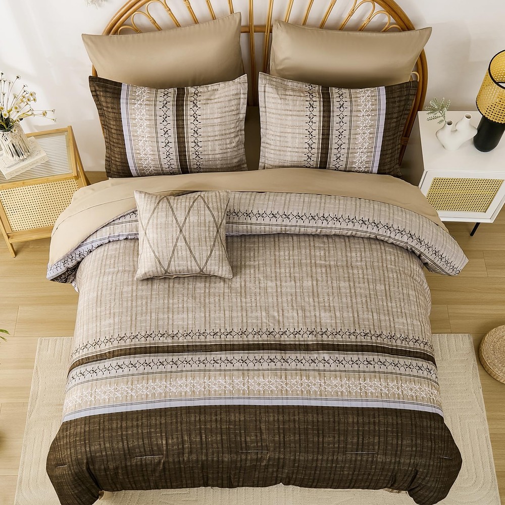 Dintszyayue King Comforter Set 8 Piece Brown Boho Striped Microfiber