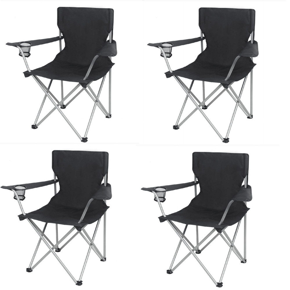 (4) Folding Camp Chairs with Cup Holder Outdoor Camping Tailgating Black