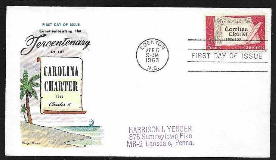CAROLINA CHARTER 1663 KING CHARLES II ENGLAND   1963  FLUEGEL CACHET FDC