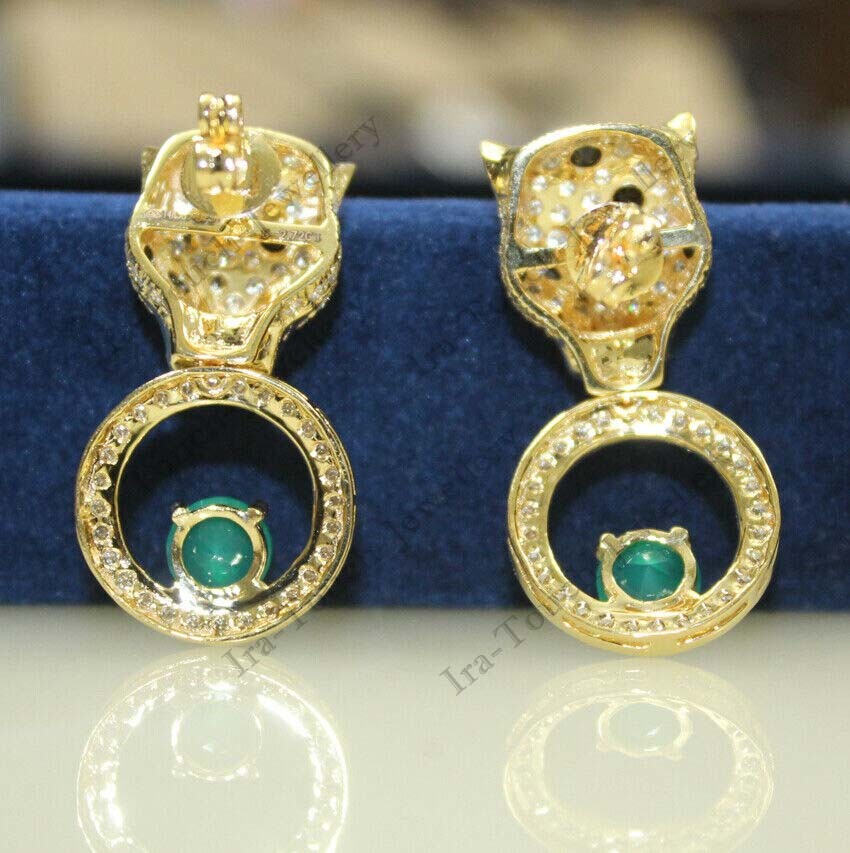 3ct Green Emerald Lab Created 14k Solid Gold Plated Panther Dangle Earrings